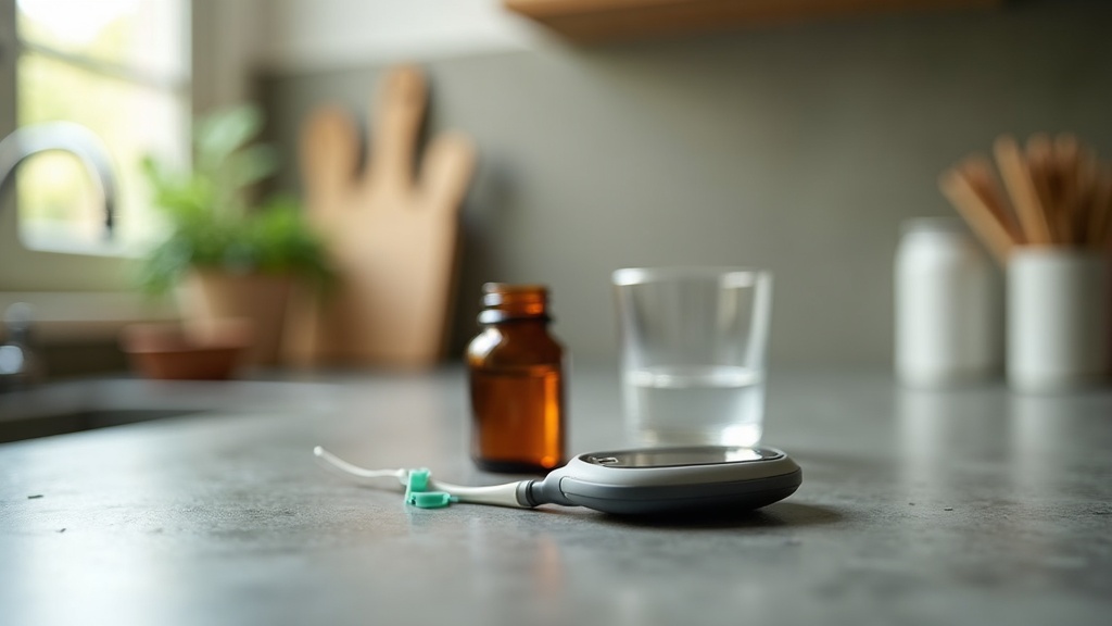 Kitchen counter still life on a neutral grey stone surface: an amber berberine s