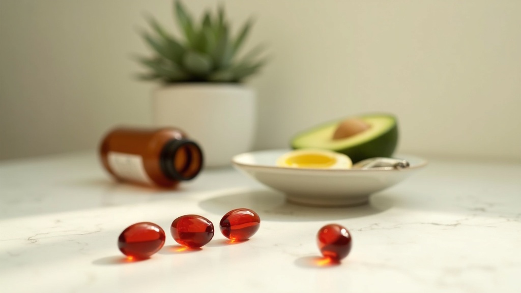 Natural daylight documentary still life of an amber supplement bottle next to fo
