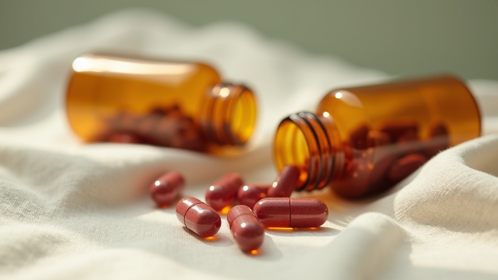 Natural daylight documentary close-up of two open supplement bottles tipped on t