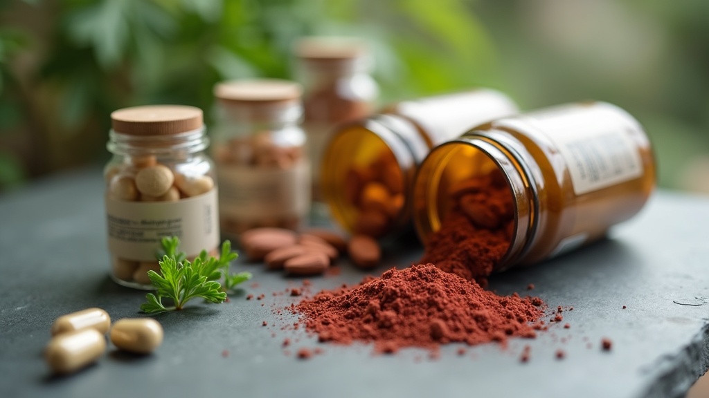 Close documentary photo in soft daylight of three unlabeled supplement bottles o