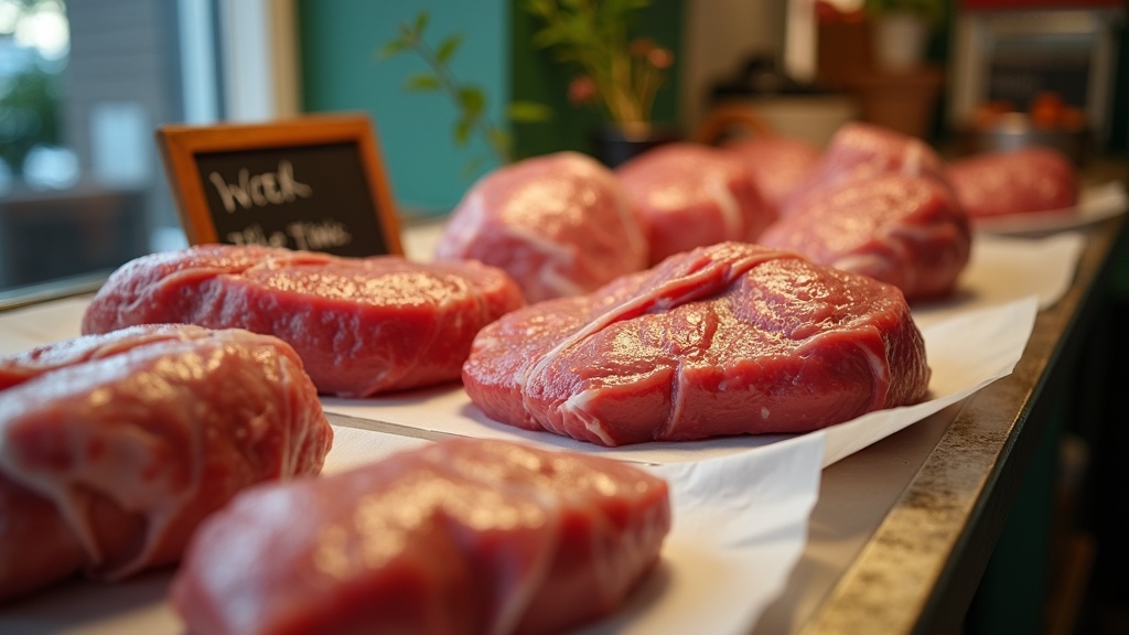Daylight documentary photo of a butcher-shop display case with fresh whole beef