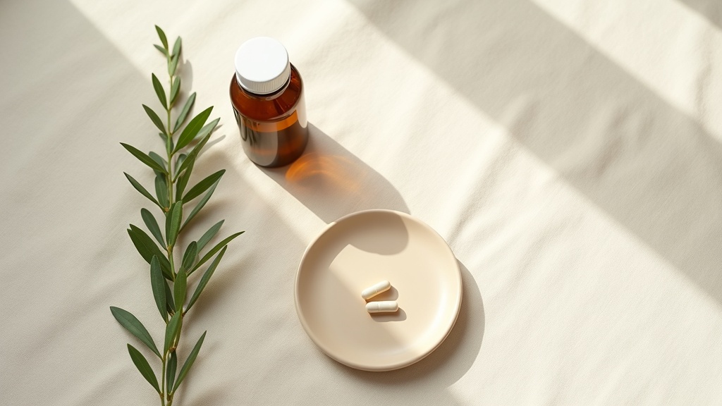 Editorial still-life, top-down on a pale linen surface: a single amber supplemen