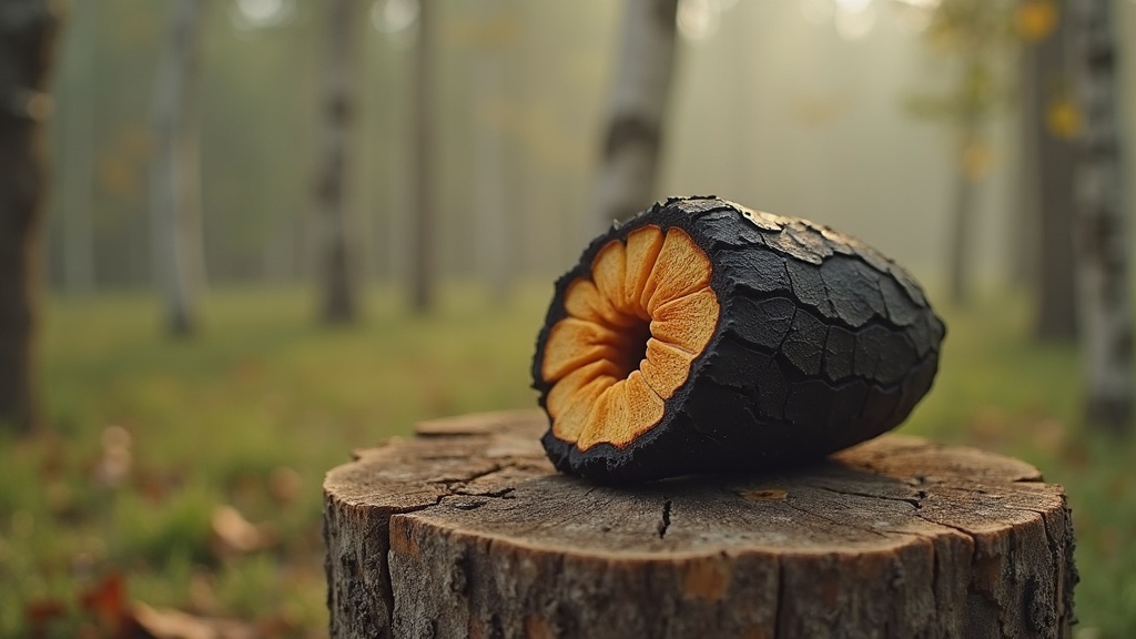 Daylight documentary still life of a cross-section of a wild chaga conk on a wea
