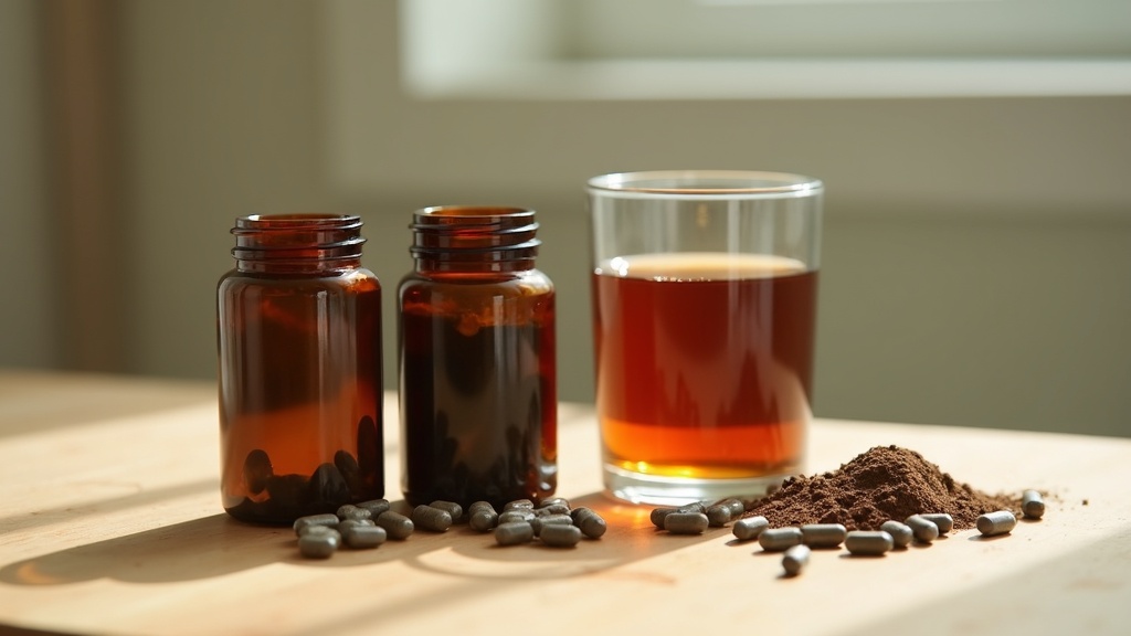 Soft daylight close-up of three unlabeled amber supplement jars containing dark 