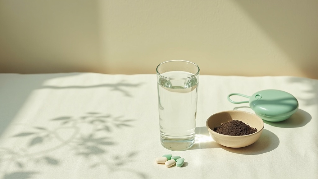 Natural daylight overhead photo of a simple drinking-water glass, a blood-pressu