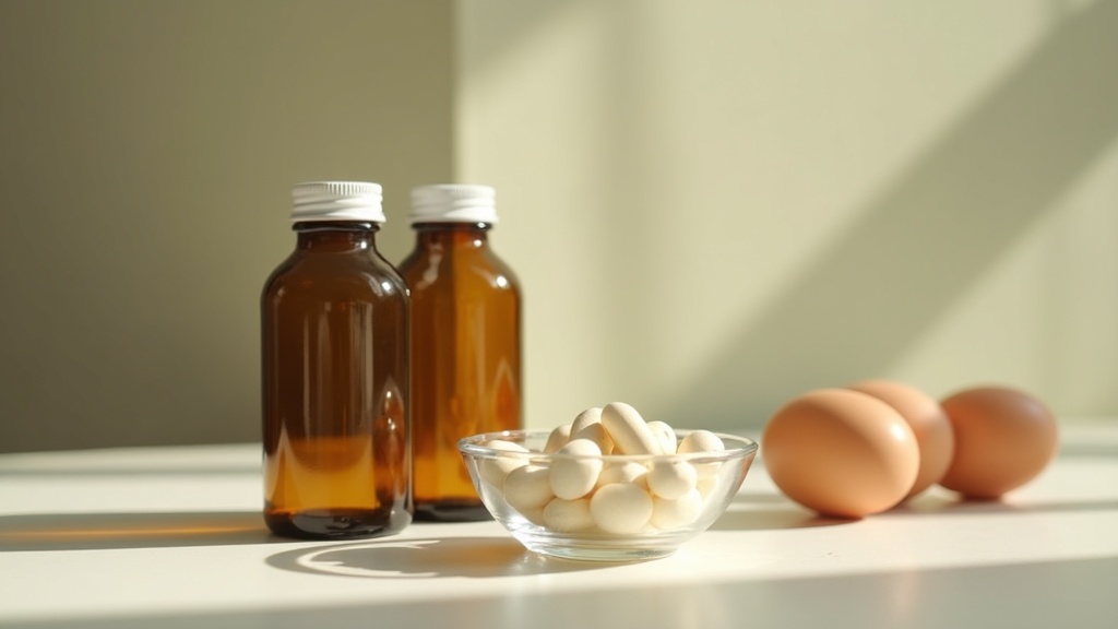 Daylight documentary still life of two unlabeled amber supplement bottles beside