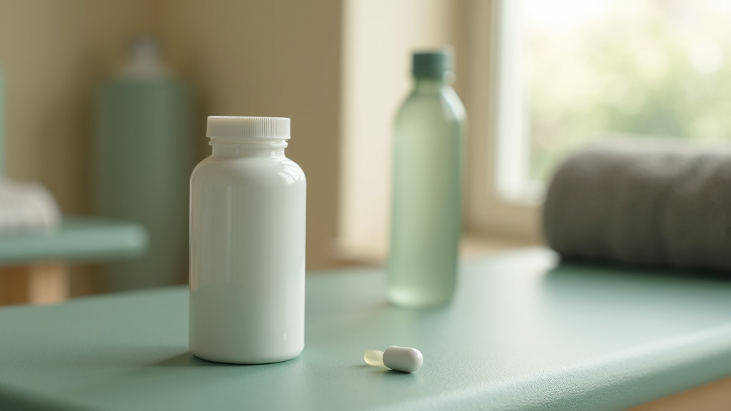 Realistic daylight photo of a single white capsule bottle on a clean gym bench n