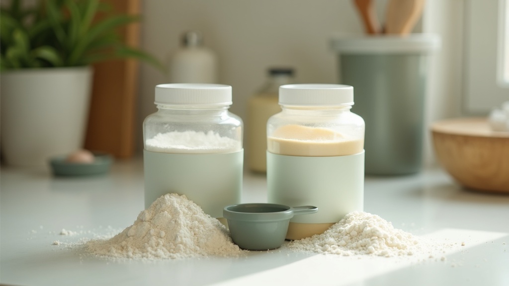 Natural daylight documentary photo, no faces. Two unlabeled supplement tubs side