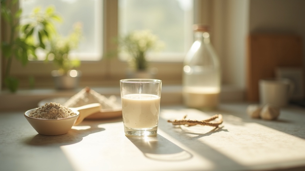 Lifestyle context still-life, eye-level on a sunlit kitchen counter: a glass of