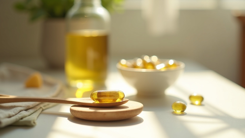 Lifestyle context still-life, eye-level on a sunlit kitchen counter: a single am