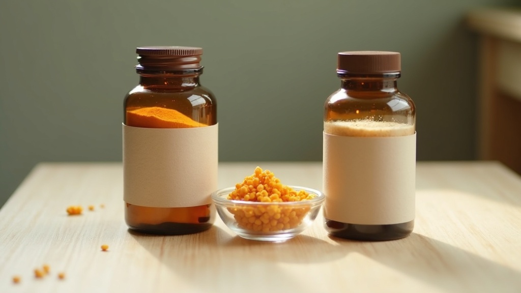 Daylight documentary still life of two unlabeled amber supplement bottles side b