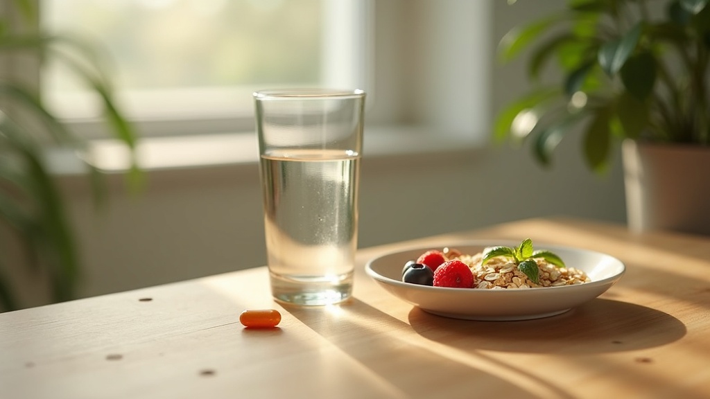 Daylight documentary still life of a glass of water, a single orange cordyceps c
