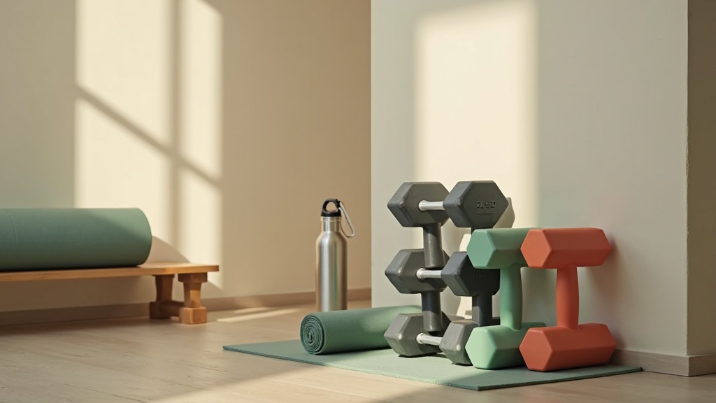 Quiet corner of a home gym in soft daylight, a small rack of color-coded rubber-