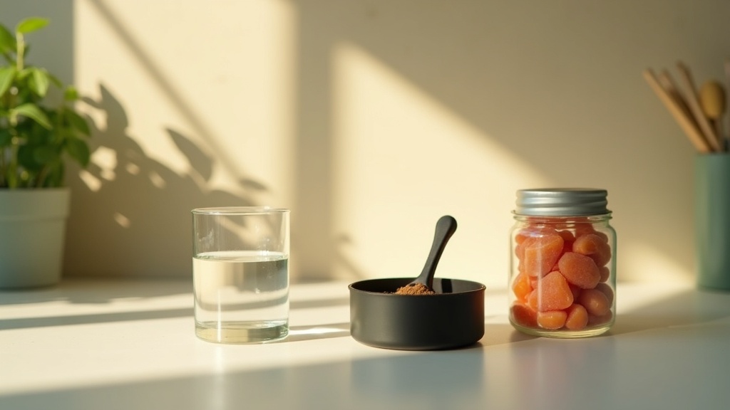 Lifestyle context still-life, eye-level on a sunlit kitchen counter: a glass of 