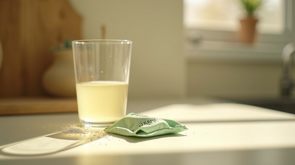 Lifestyle context still-life, eye-level on a sunlit kitchen counter: a glass of 