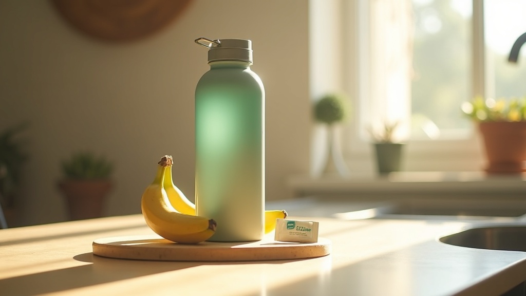 Lifestyle context still-life, eye-level on a sunlit kitchen counter: a filled sp