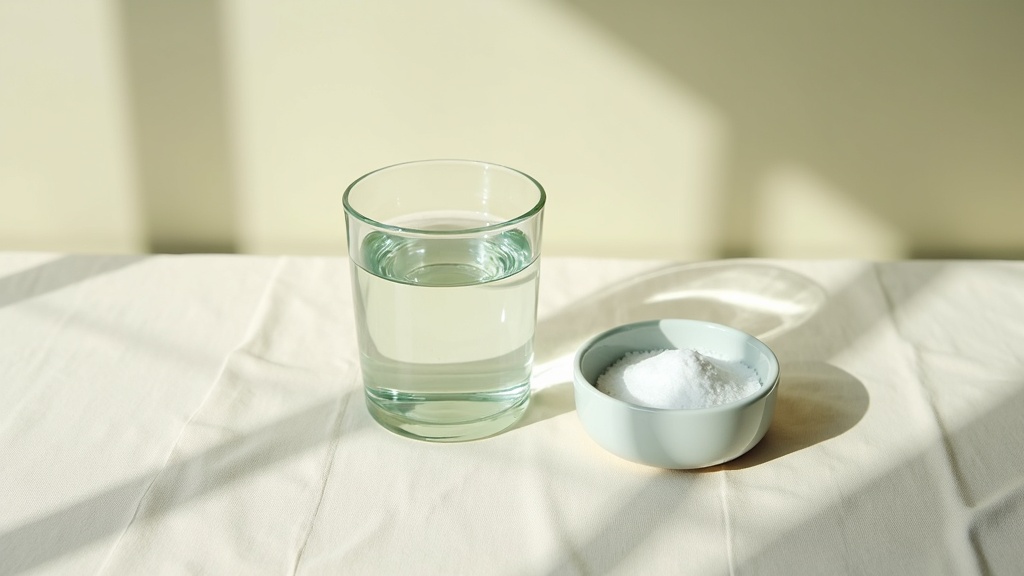 Editorial documentary still-life, top-down on a pale linen surface: a clear glas