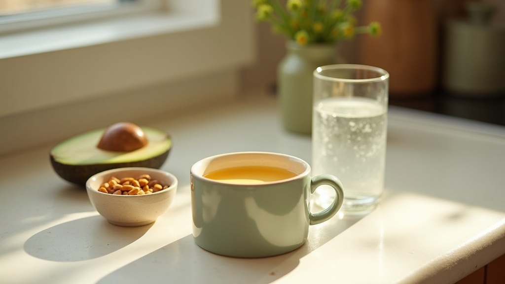 Lifestyle context still-life, eye-level on a sunlit kitchen counter: a warm mug 
