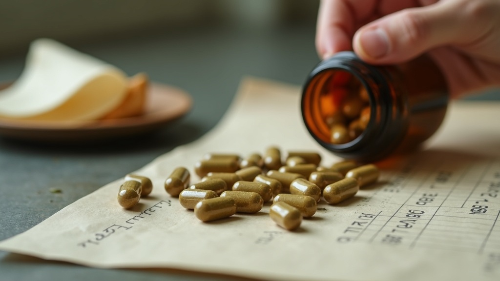 Tight macro close-up of a small handful of dark olive-brown vegetarian capsules