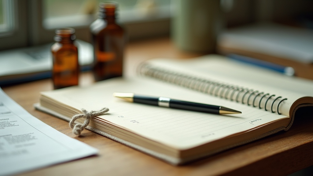 Lifestyle context shot of an open spiral-bound lab notebook with a fountain pen