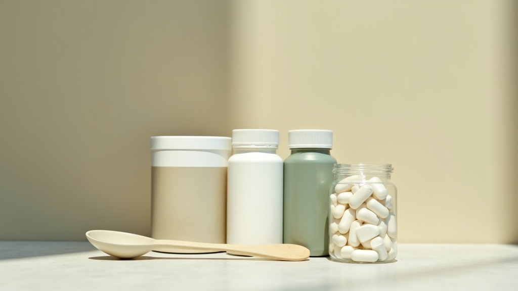 Daylight documentary still life of three unlabeled supplement containers on a pa