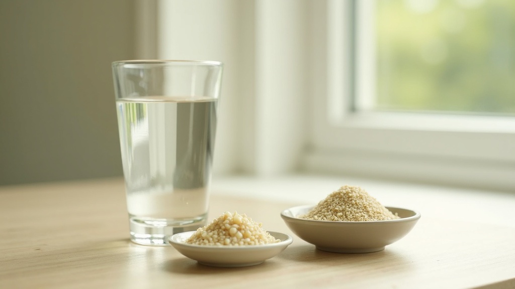 Natural daylight photo of a tall glass of water next to a heaping tablespoon of