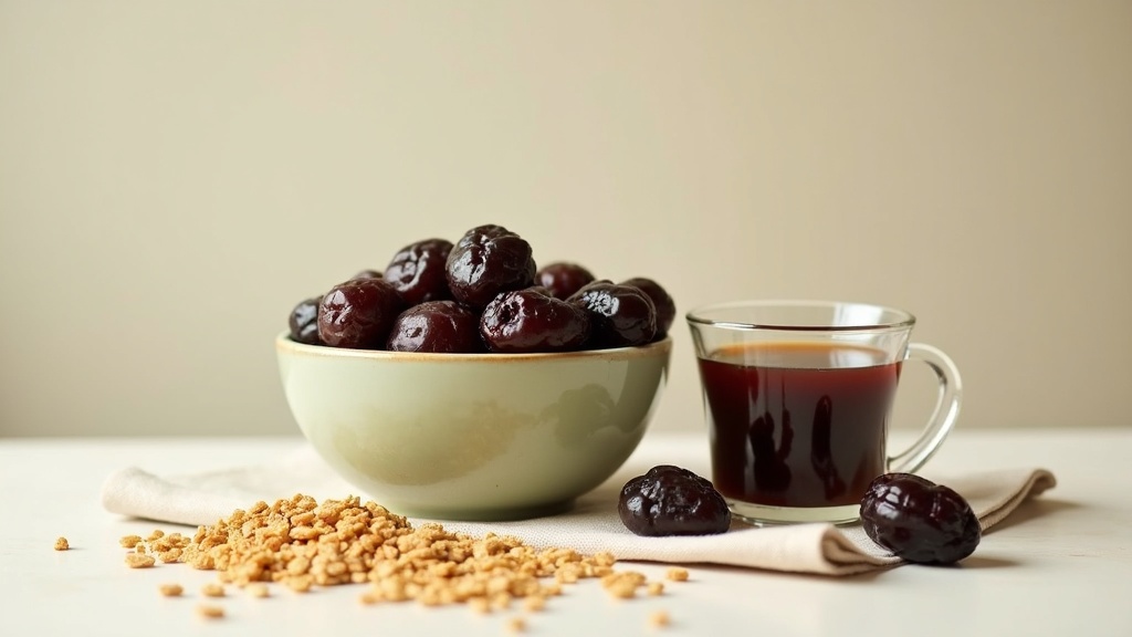 Daylight documentary still life of a bowl of stewed prunes and a small glass of
