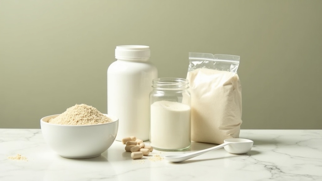 A clean still life of four unlabeled fiber supplement containers grouped on a li