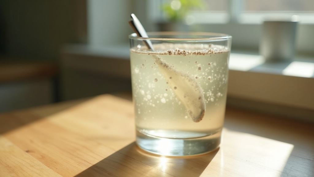 A close, honest photo of a glass of water with psyllium husk just stirred in, th