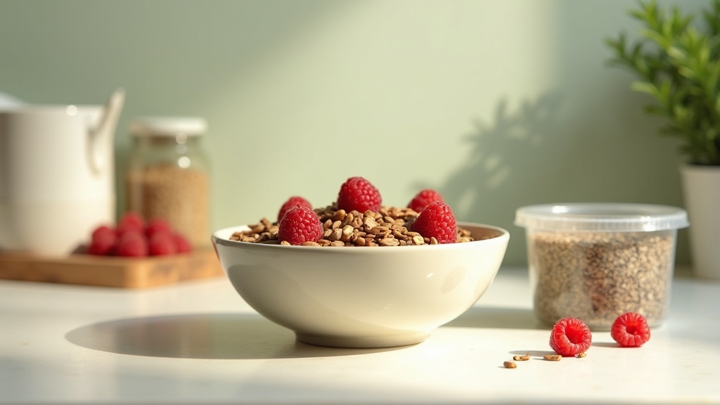 A simple daylight kitchen scene showing a bowl of high-fiber whole foods (lentil