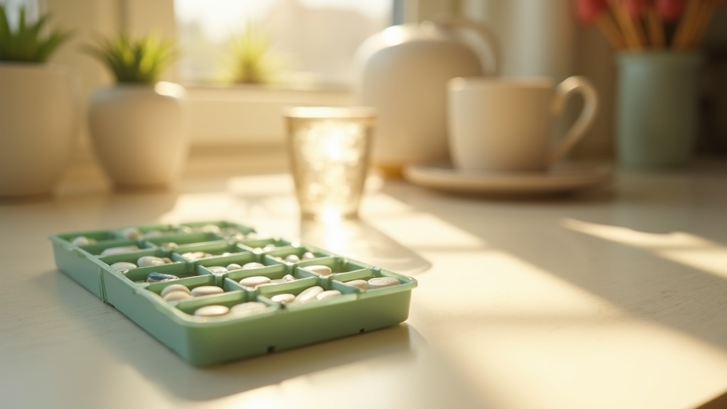 Lifestyle context still-life, eye-level on a sunlit kitchen counter: a weekly pi