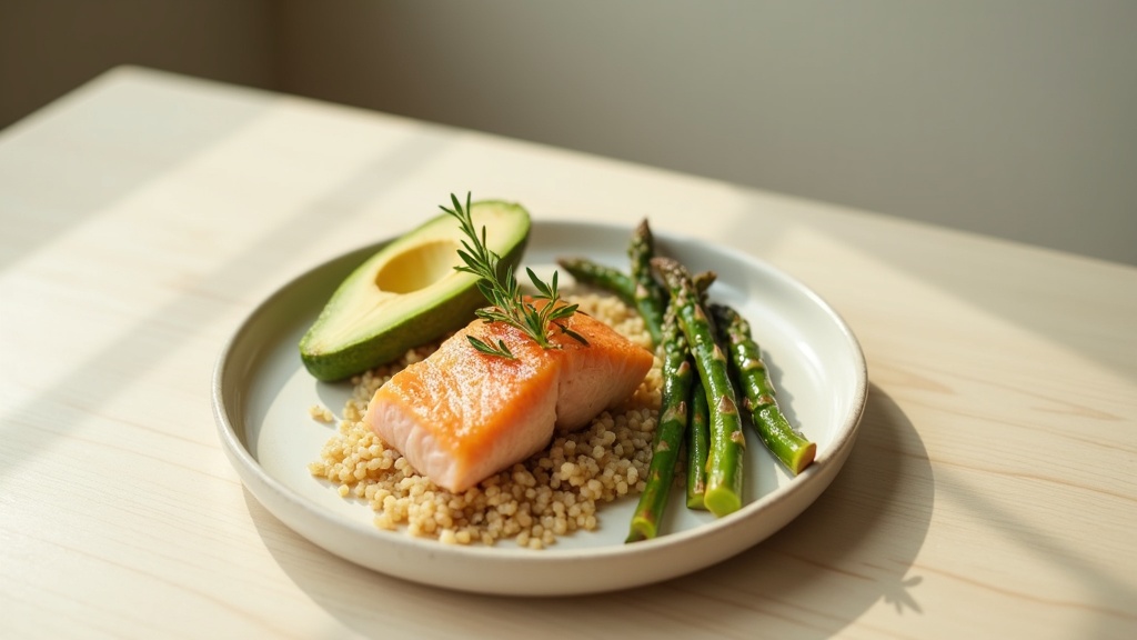 A small balanced plate seen from above: portion of salmon, half cup of cooked qu