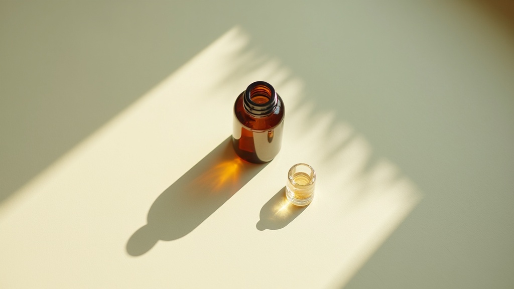 Editorial documentary still-life, top-down on a pale linen surface: a single amb