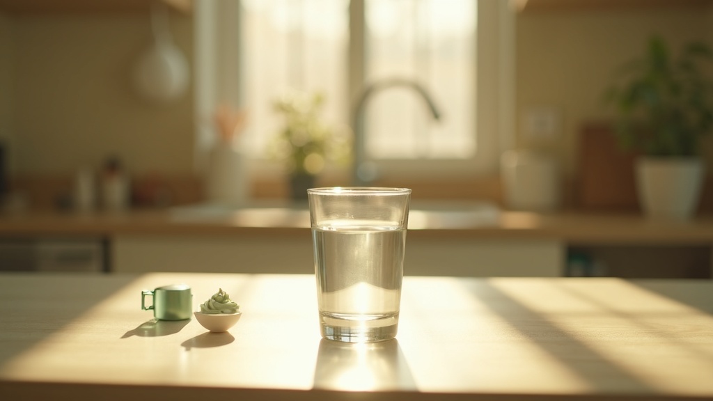 Lifestyle context still-life, eye-level on a sunlit kitchen counter: a glass of