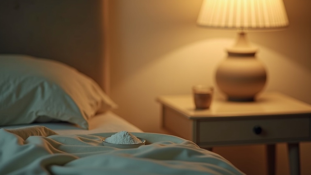 Editorial still-life, eye-level on a dim warm-toned nightstand: a glass of water