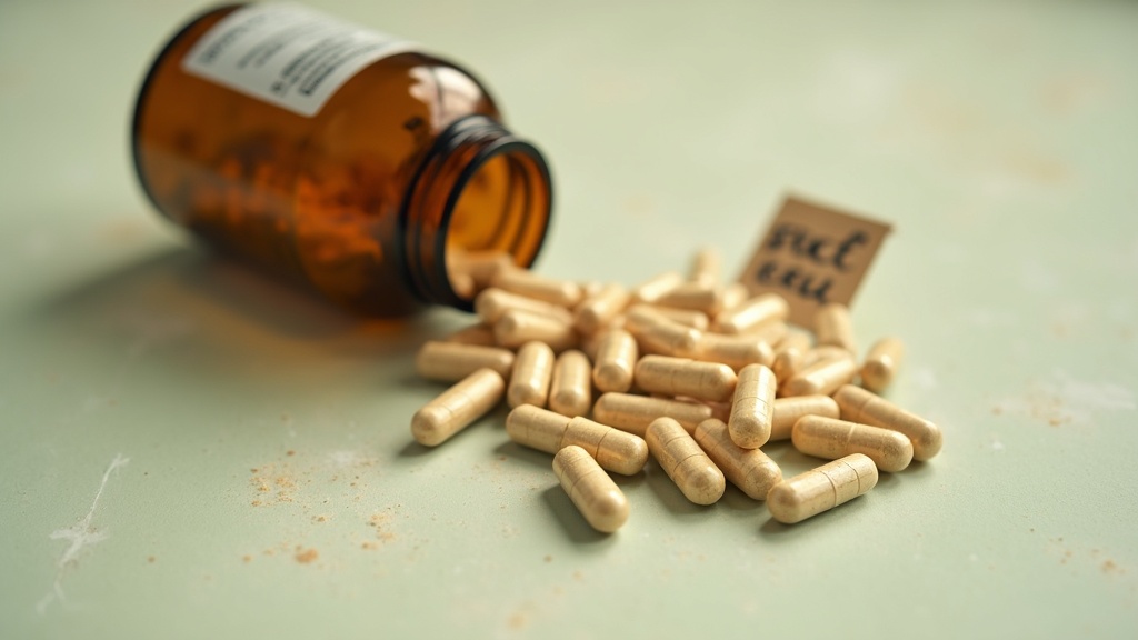 Close-up overhead shot of a small pile of magnesium glycinate capsules spilled f