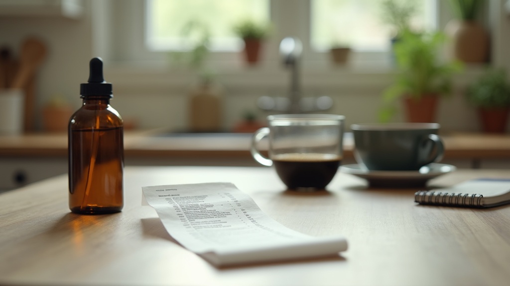 Quiet kitchen counter scene in soft morning daylight, a folded paper grocery rec