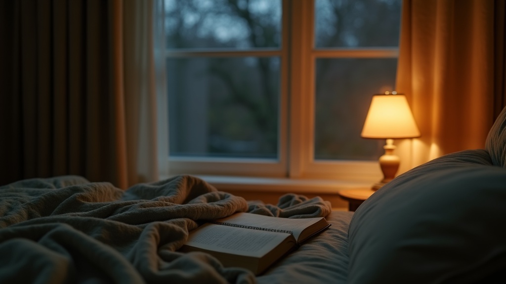 Lifestyle context shot of a dim bedroom corner in soft late-evening light: a sin