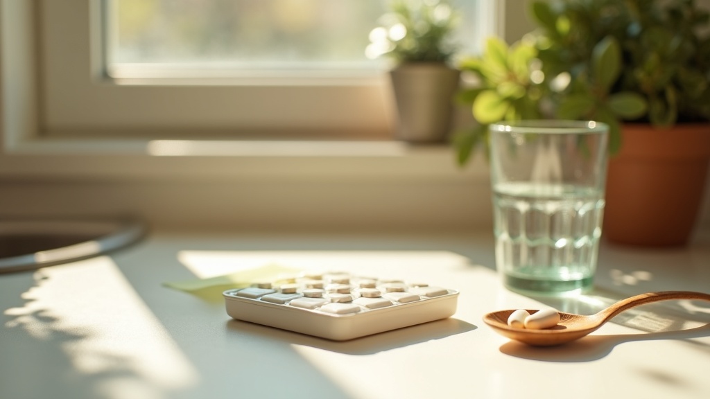 Lifestyle context still-life, eye-level on a sunlit kitchen counter: a glass of 