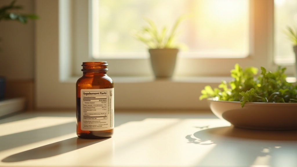 Lifestyle context still-life, eye-level on a sunlit kitchen counter: a supplemen