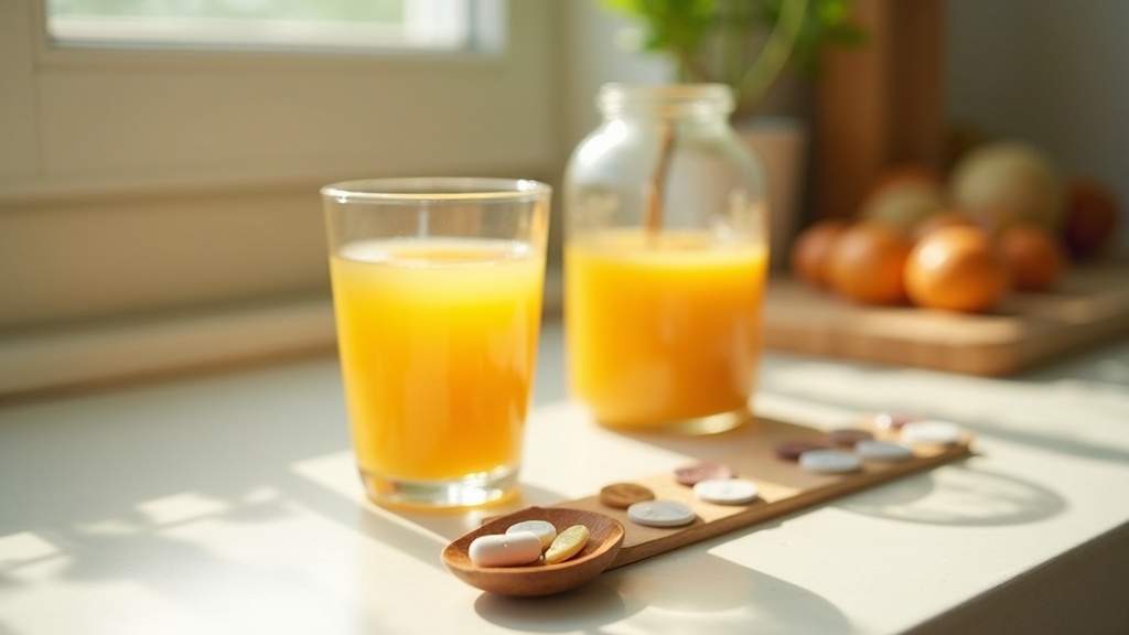Lifestyle context still-life, eye-level on a sunlit kitchen counter: a glass of 