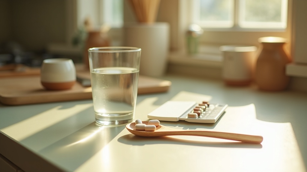 Lifestyle context still-life, eye-level on a sunlit kitchen counter: a glass of