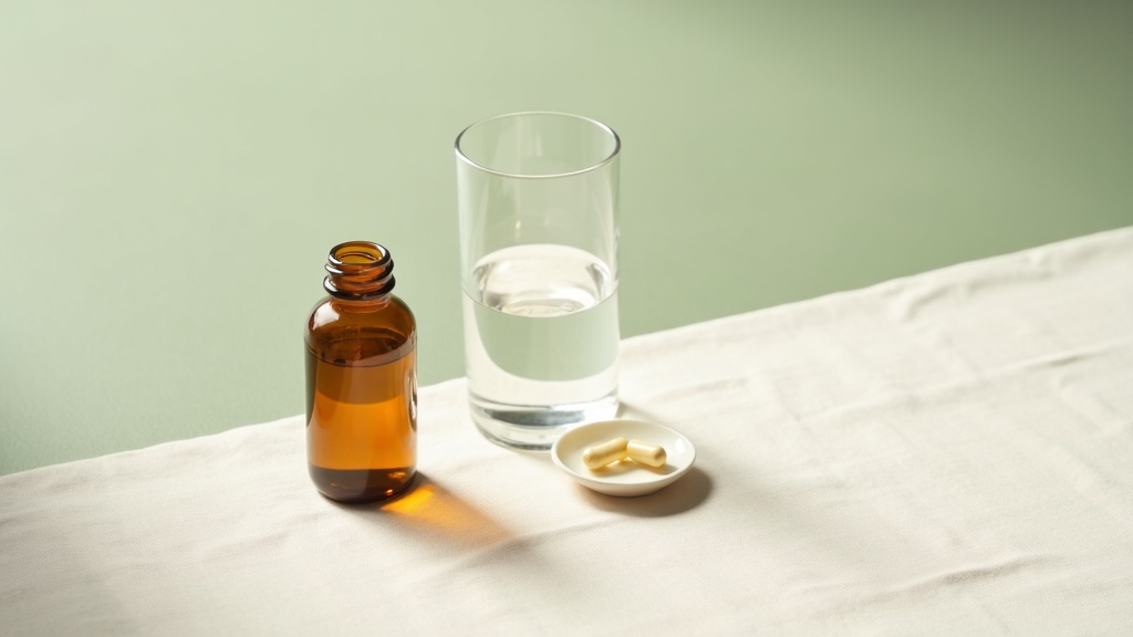 Editorial documentary still-life, top-down on a pale linen surface: a single amb