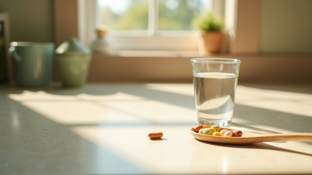 Lifestyle context still-life, eye-level on a sunlit kitchen counter: an open dai