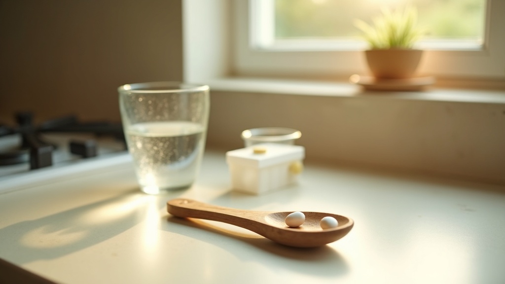 Lifestyle context still-life, eye-level on a sunlit kitchen counter: a glass of 