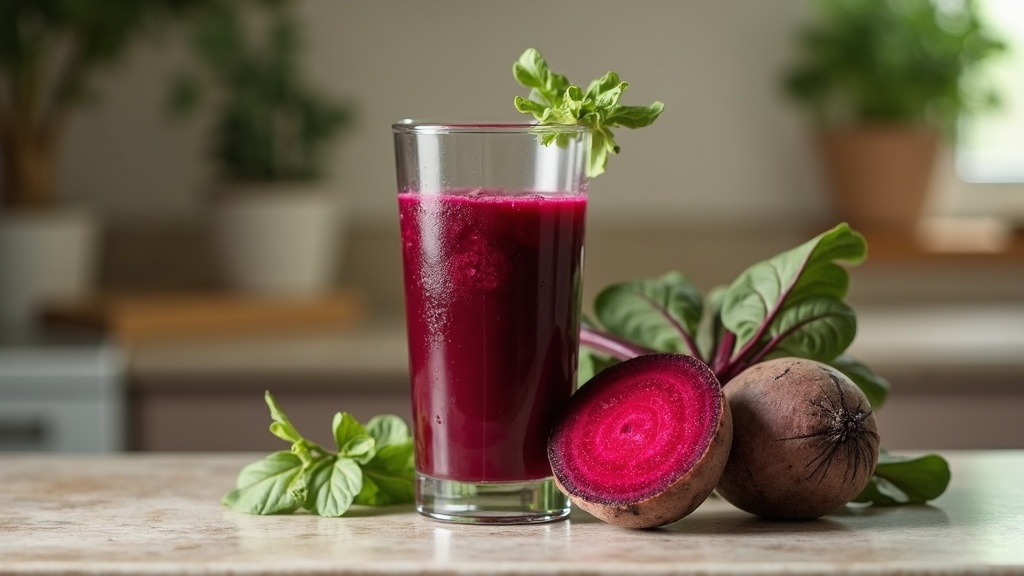 Natural photo of a tall glass of dark beetroot juice next to two fresh whole bee