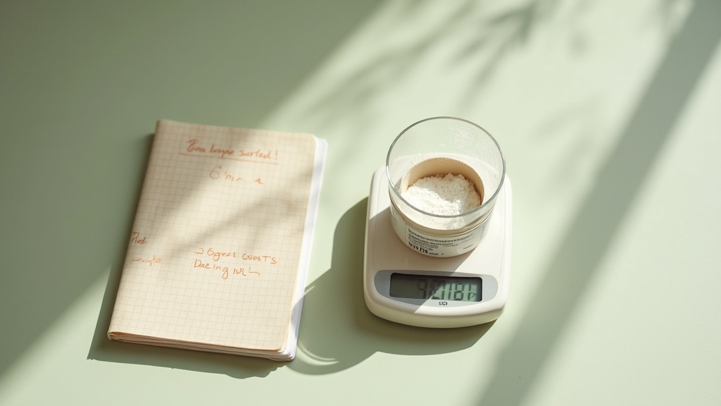 Flat-lay daylight photo of a supplement label and a kitchen scale showing a 6 gr