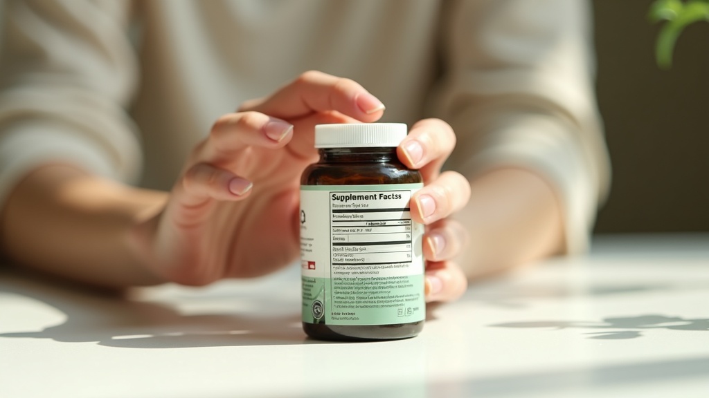 Documentary-style daylight photo of a single PQQ supplement bottle being inspect