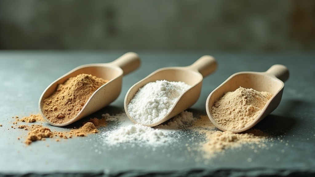 Natural daylight documentary photo, no faces. Three unlabeled scoops of powder l