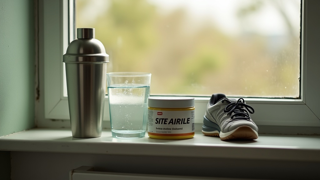 Natural daylight documentary photo, no faces. A stainless shaker, a glass of wat